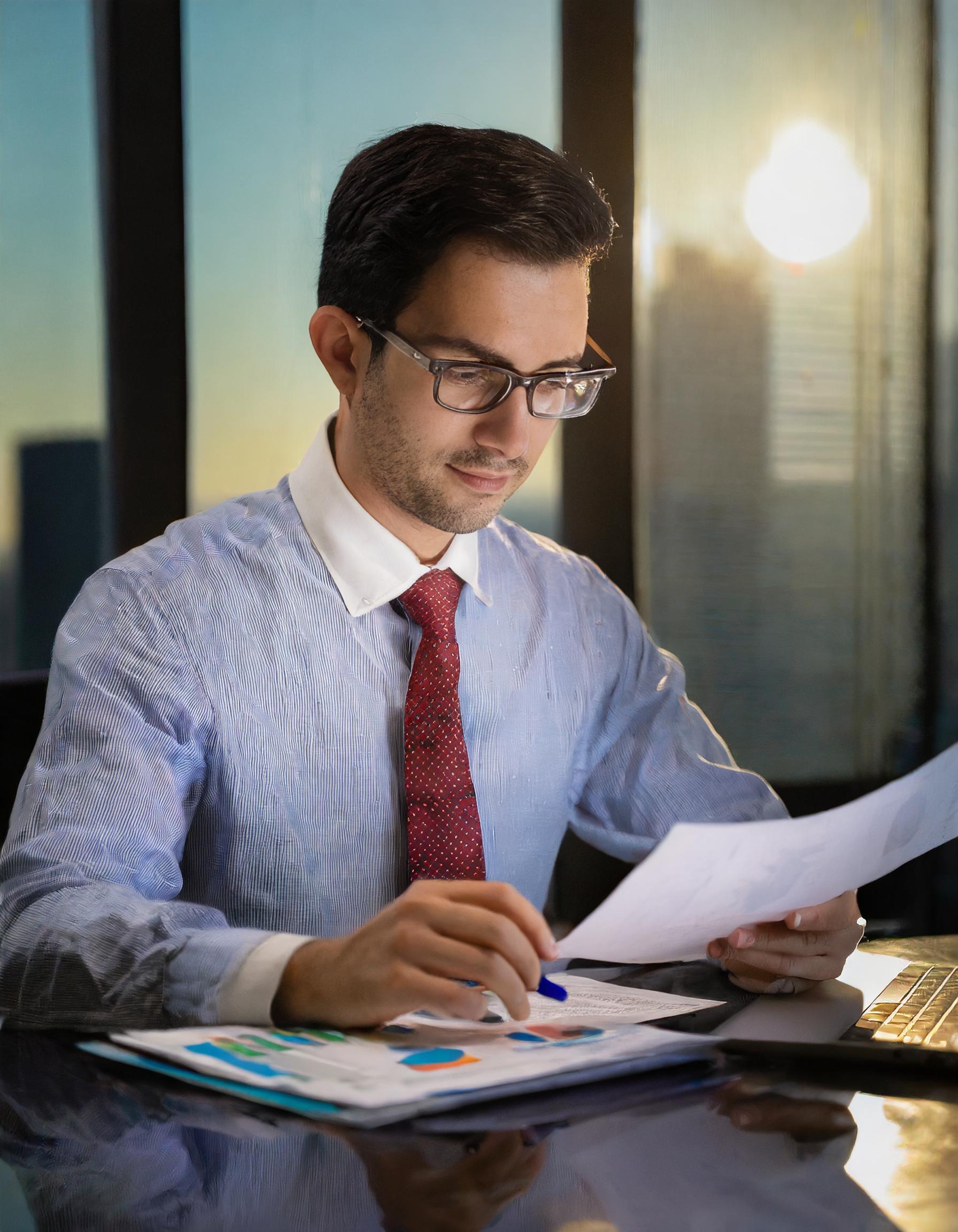 Mann mit Brille im Büro, konzentriert und kompetent